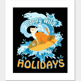 Happy Wild Holidays Surfing Cat Posters and Art